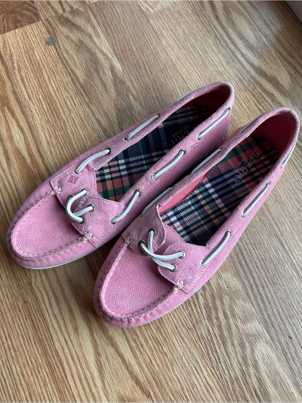 Sperry Rose Suede Driving Moccasins with White Laces